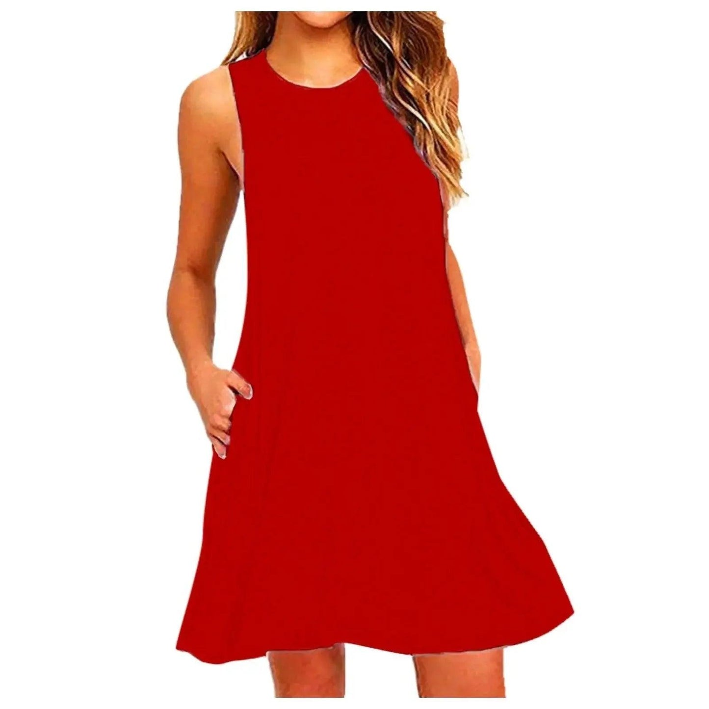 Red sleeveless women's dress with flared hem and pockets