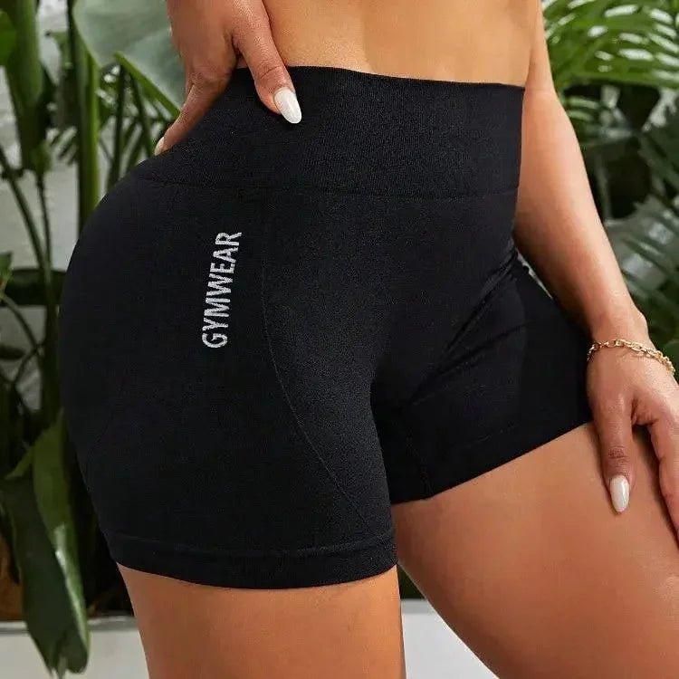 Black high-waist gym shorts with 'GYMWEAR' text, women's fitness apparel for workout and yoga