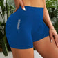 Blue high-waisted gym shorts with GYMWEAR text, women's fitness wear, stylish activewear for workouts
