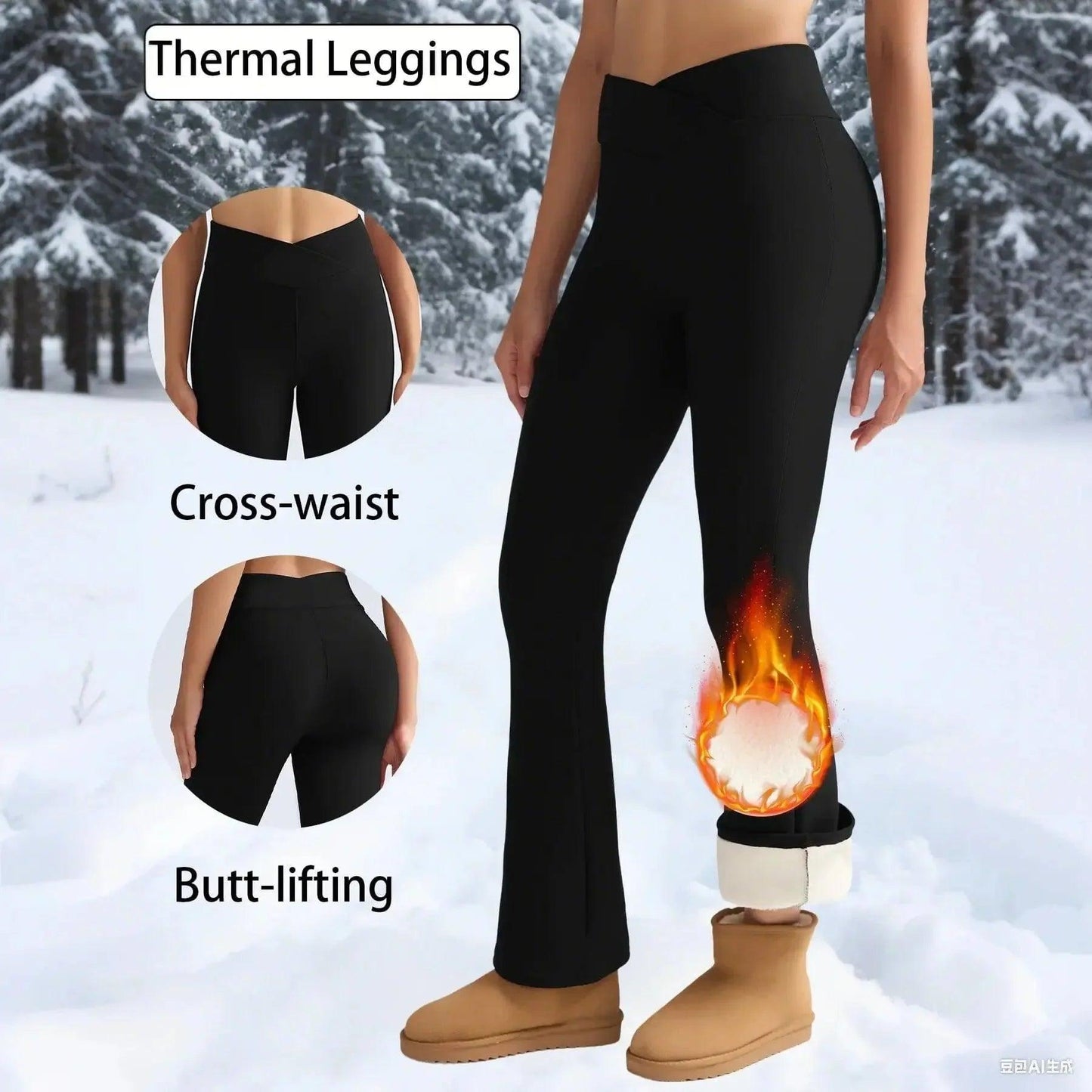 Women's thermal leggings with cross-waist and butt-lifting design, warm fleece-lined for winter snow
