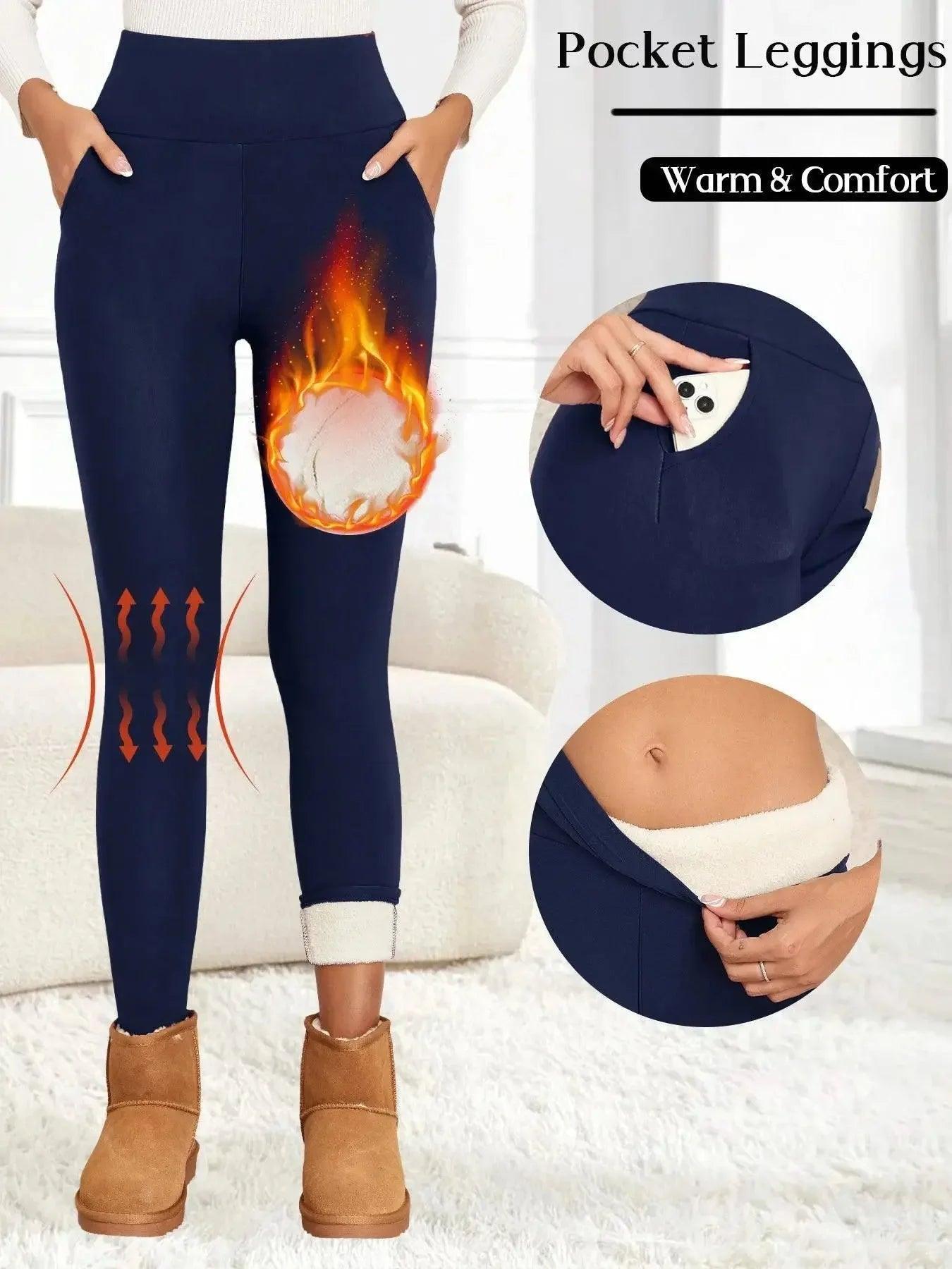 Women's warm pocket leggings with cozy fleece lining, high waist, and stretchy fit for comfort and style.