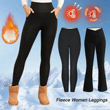 Warm fleece women's leggings for winter, cozy thermal tights with pockets, snow mountain background