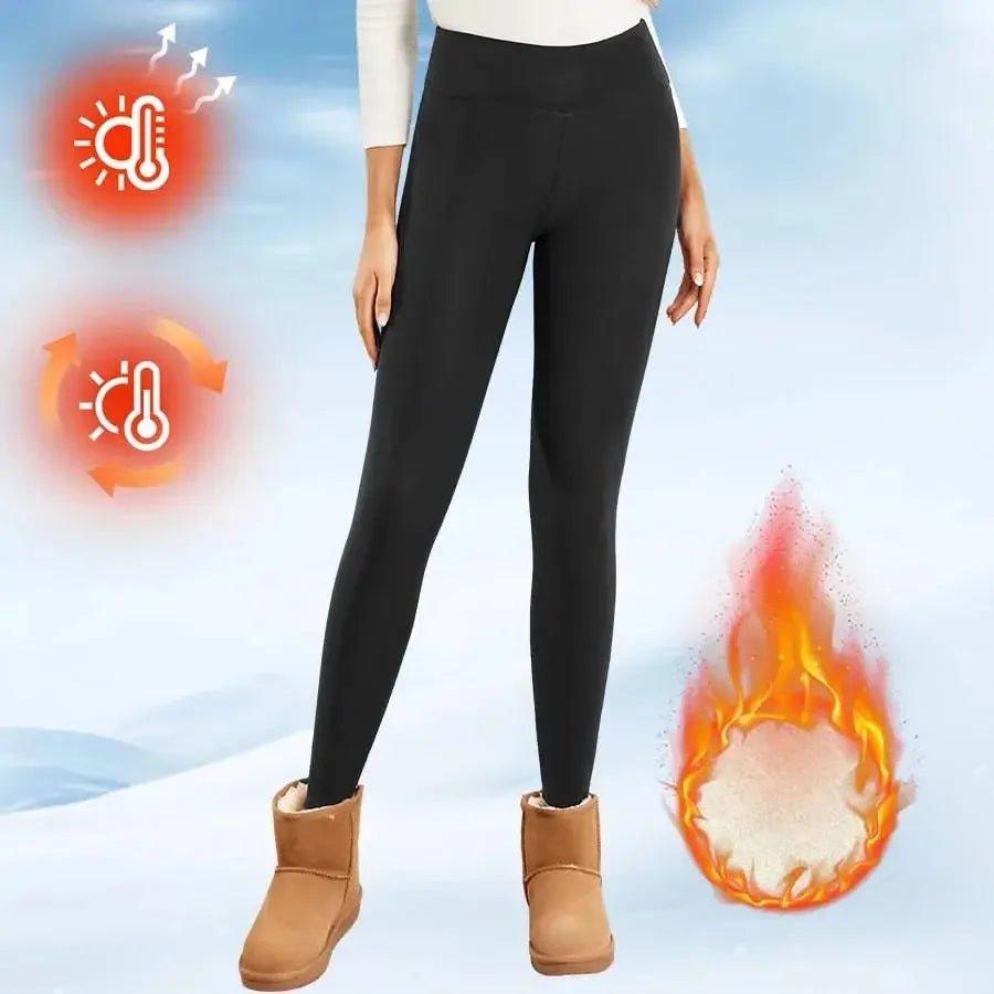 Women's black thermal leggings with heat graphics, perfect for winter fashion and warmth