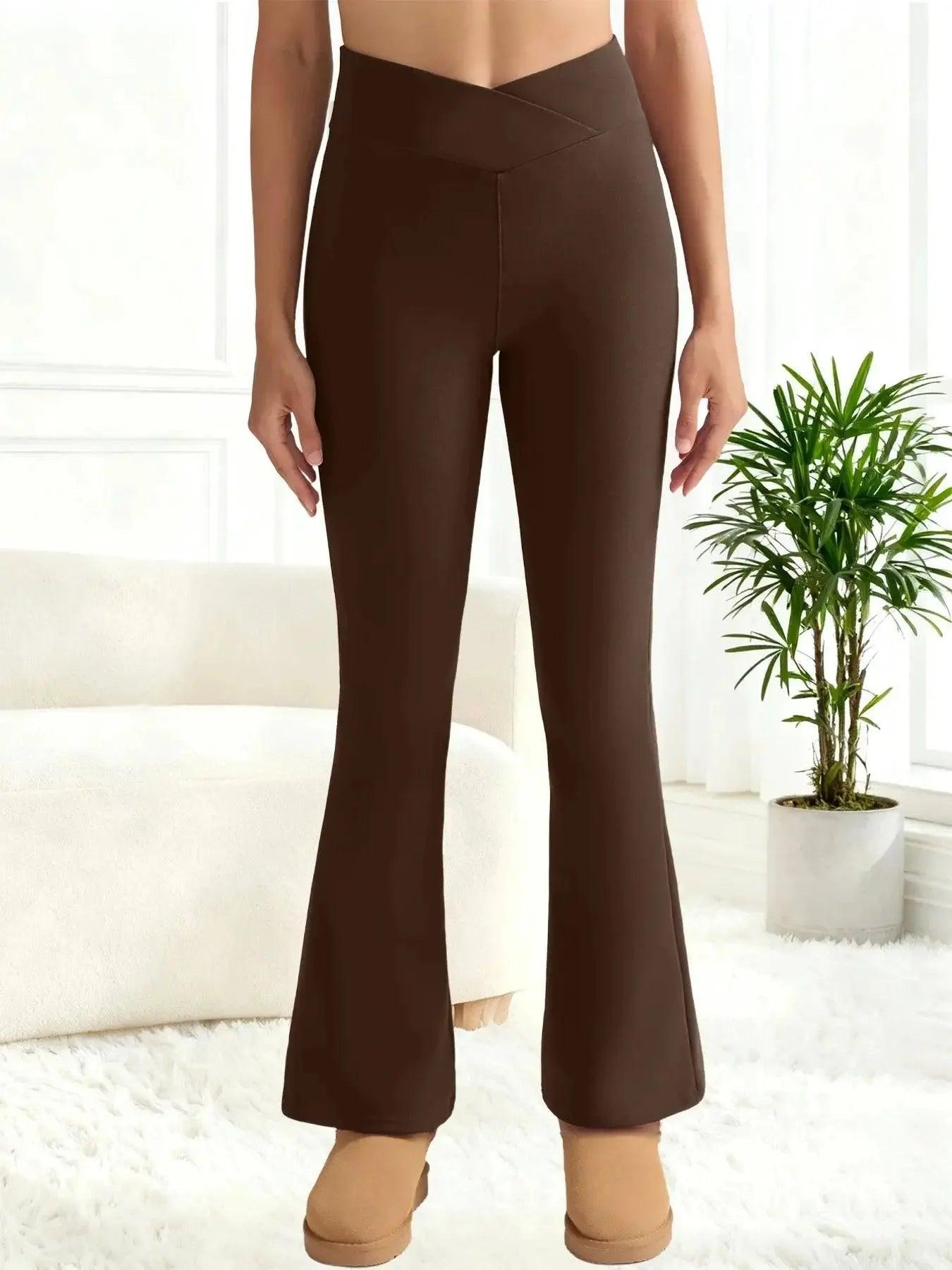 Brown high-waisted flare leggings for women, cozy fashion wear with cross-front waistband