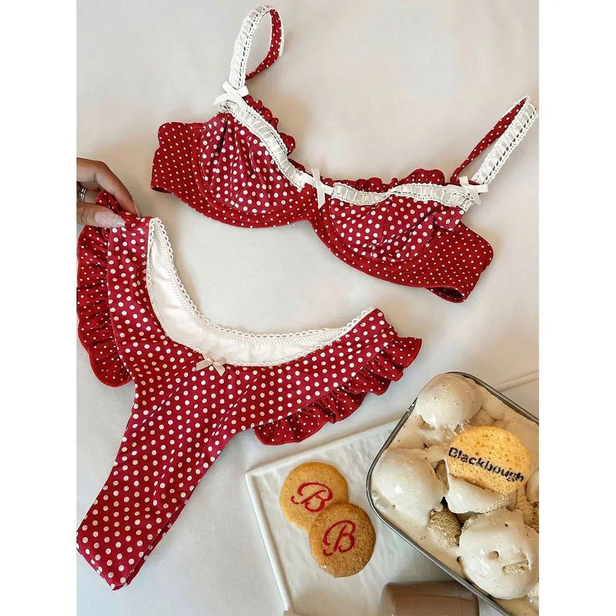 Red polka dot lingerie set with white lace trim, paired with cookies and ice cream for a sweet aesthetic