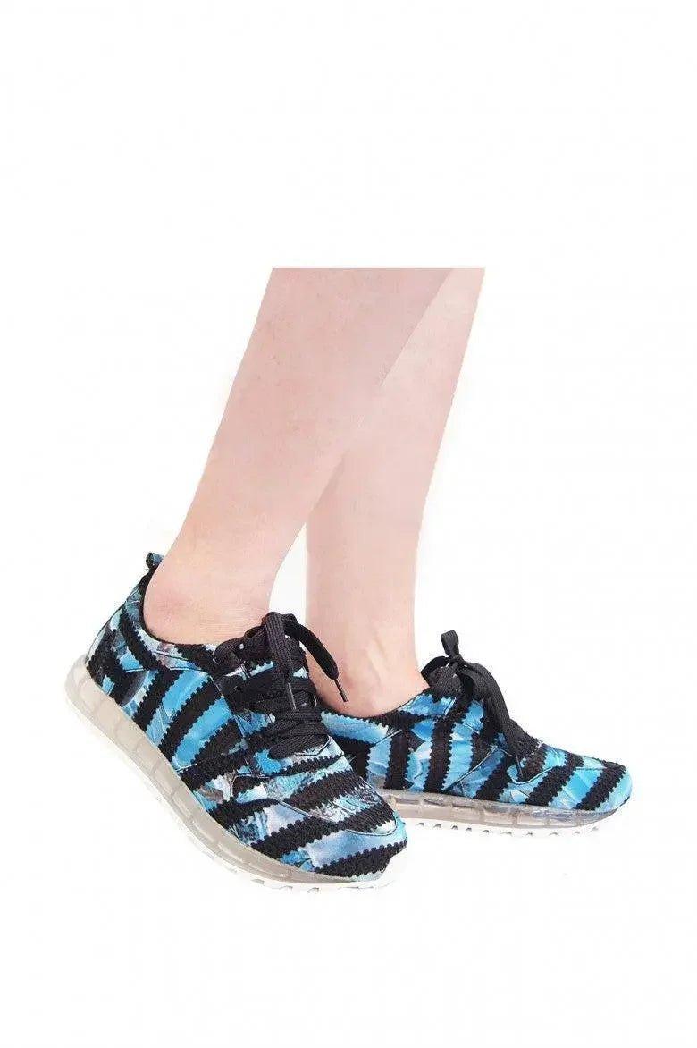 Blue and black striped women's fashion sneakers with clear sole