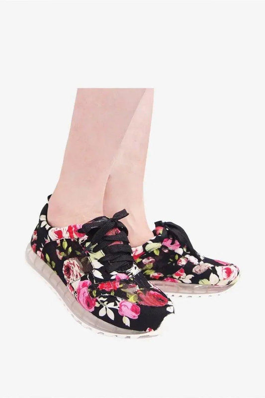 Women's floral print sneakers with black laces and clear sole, stylish fashion footwear