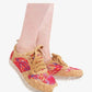 Women's cork sneakers with colorful lace pattern and clear sole, stylish fashion footwear