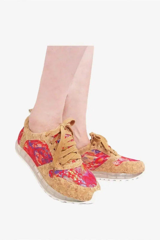 Women's cork sneakers with colorful lace pattern and clear sole, stylish fashion footwear