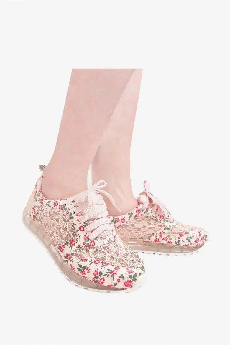 Floral lace women's sneakers with pink roses and mesh detailing for casual fashion