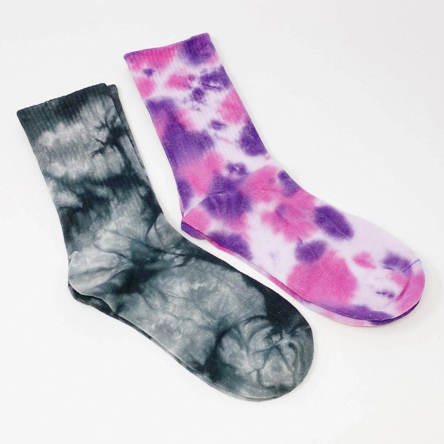 Tie dye socks in pink purple and black gray patterns, stylish women's fashion accessories