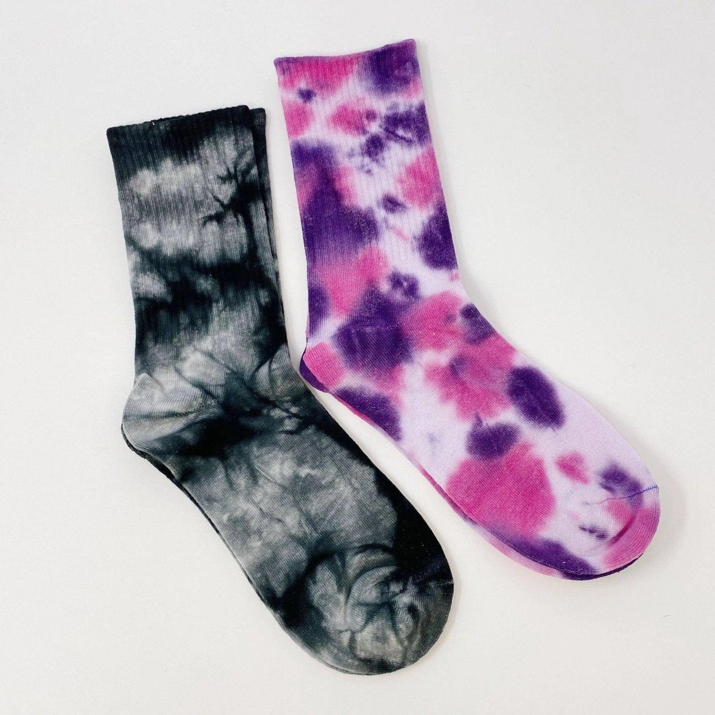 Tie dye socks in black gray and pink purple, stylish women's fashion accessories for casual wear