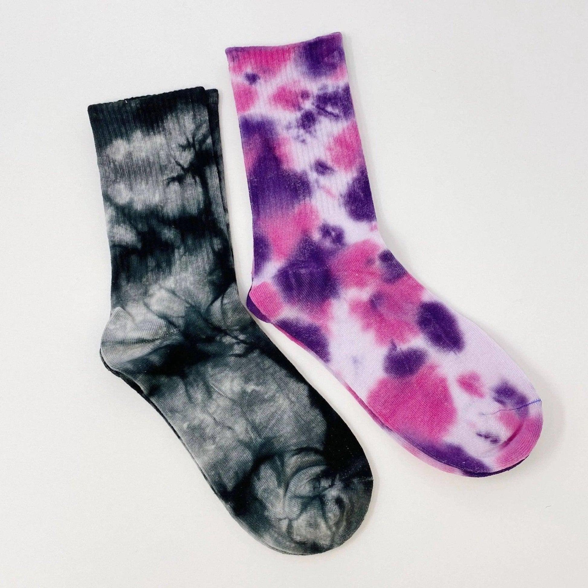 Tie dye socks in black gray and pink purple, stylish women's fashion accessories for casual wear