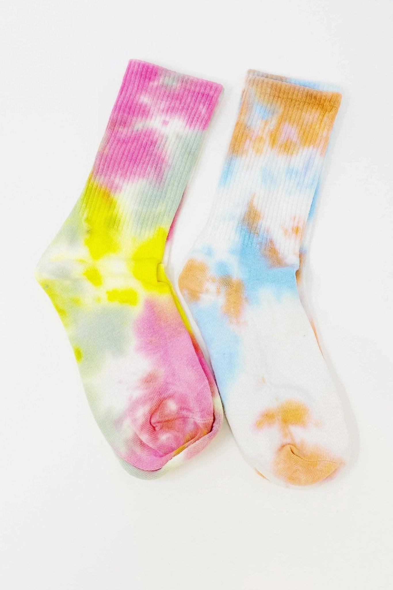 Colorful tie-dye crew socks for women, vibrant pink yellow blue orange patterns, fashion accessory