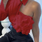 Red floral one-shoulder top with collar, paired with black embellished skirt for women's fashion