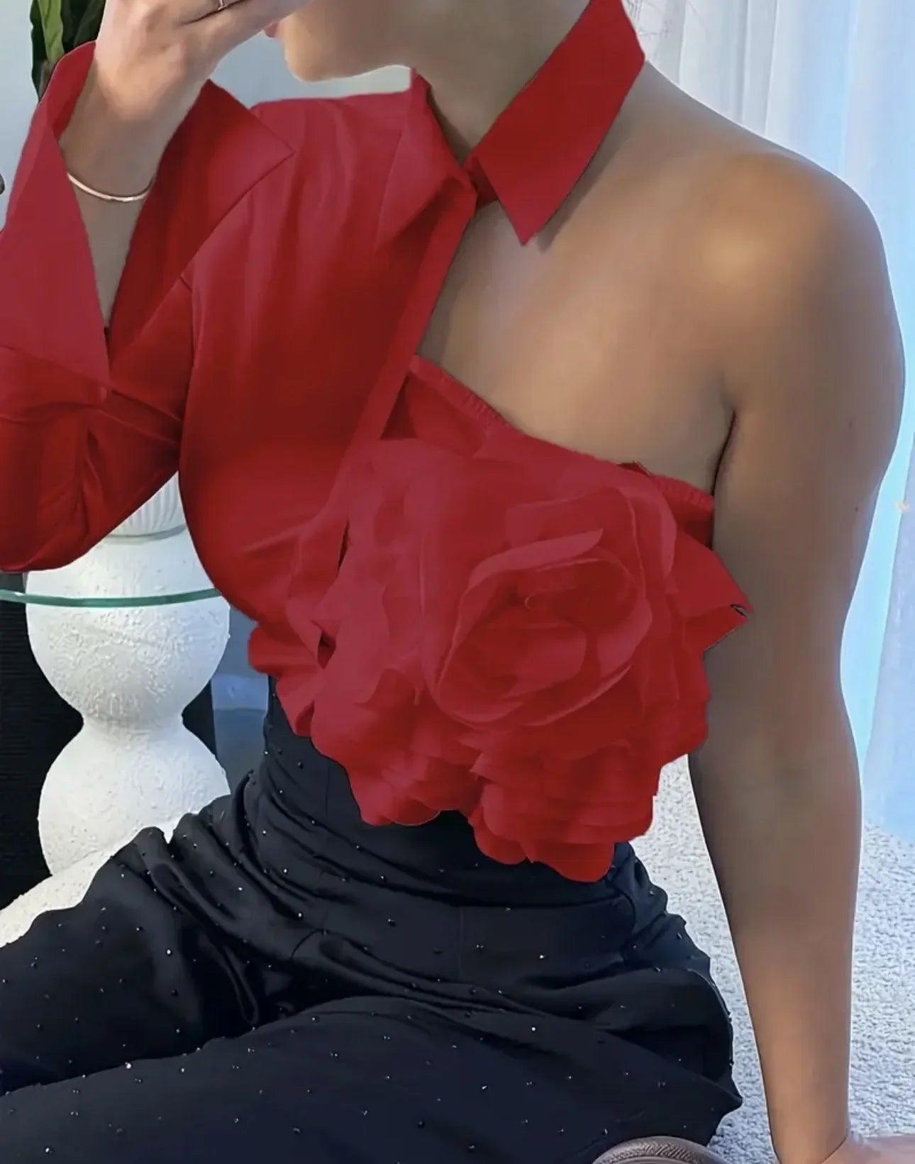 Red floral one-shoulder top with collar, paired with black embellished skirt for women's fashion