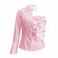 Pink women's blouse with floral ruffle detail, long sleeves, and button-down collar for fashion wear