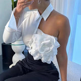 White floral halter top with collar, elegant women's fashion blouse