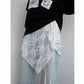 White lace overlay with black top and light jeans for women's fashion