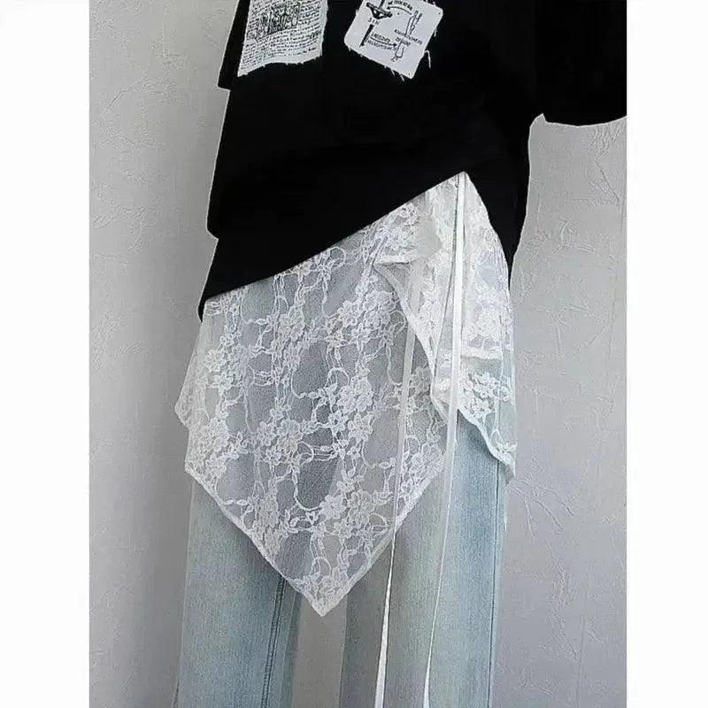 White lace layered top with black graphic tee and light denim jeans, women's fashion outfit