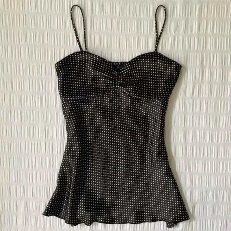 French Vintage Polka Dot Camisole Vest Women Summer Folds Sleeveless Y2k Crop Halter Tops Sweet hottie Slim Outerwear Tanks - Womans Fashion