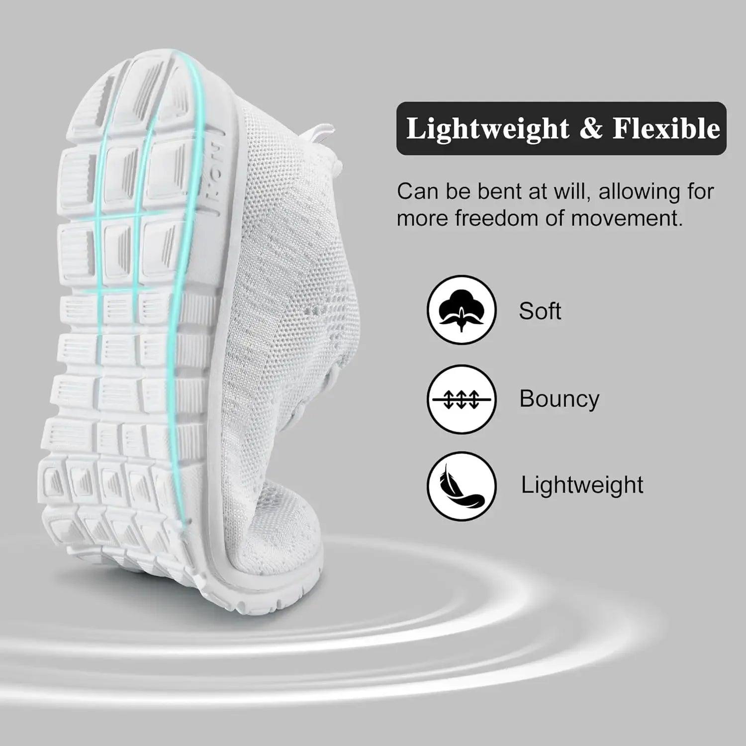 White lightweight flexible women's sneaker with soft bouncy sole for comfort and movement