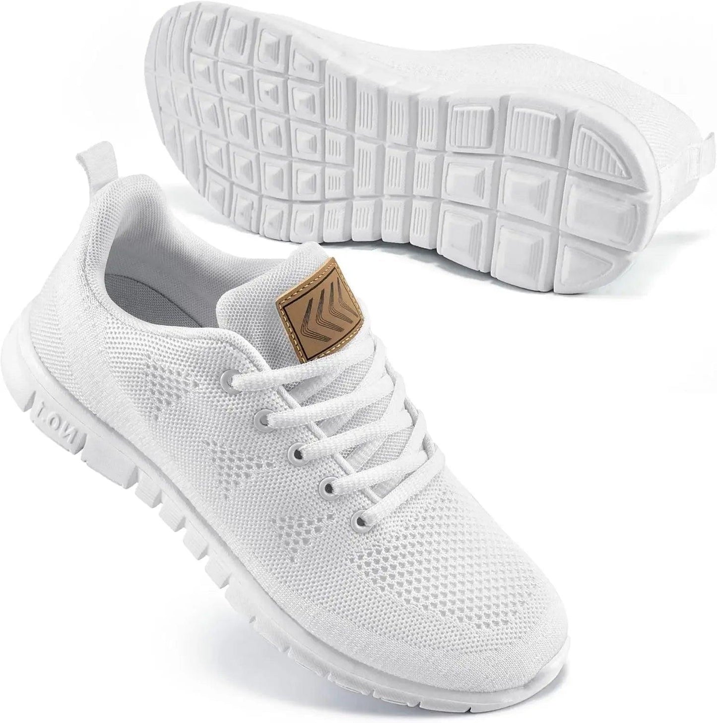 White women's mesh sneakers with gold heel tab, breathable design, and textured sole for comfort and style