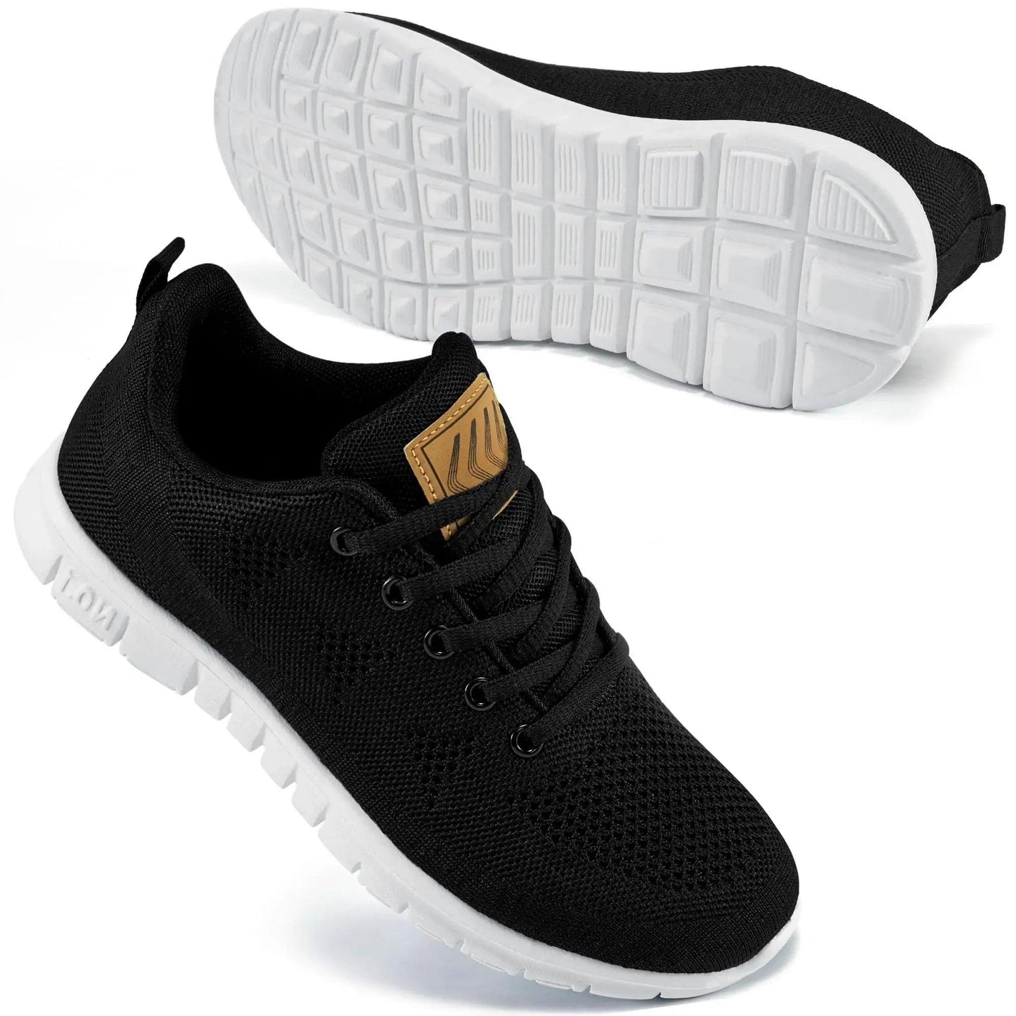 Black mesh women's sneakers with white sole and gold accent, stylish and comfortable fashion footwear
