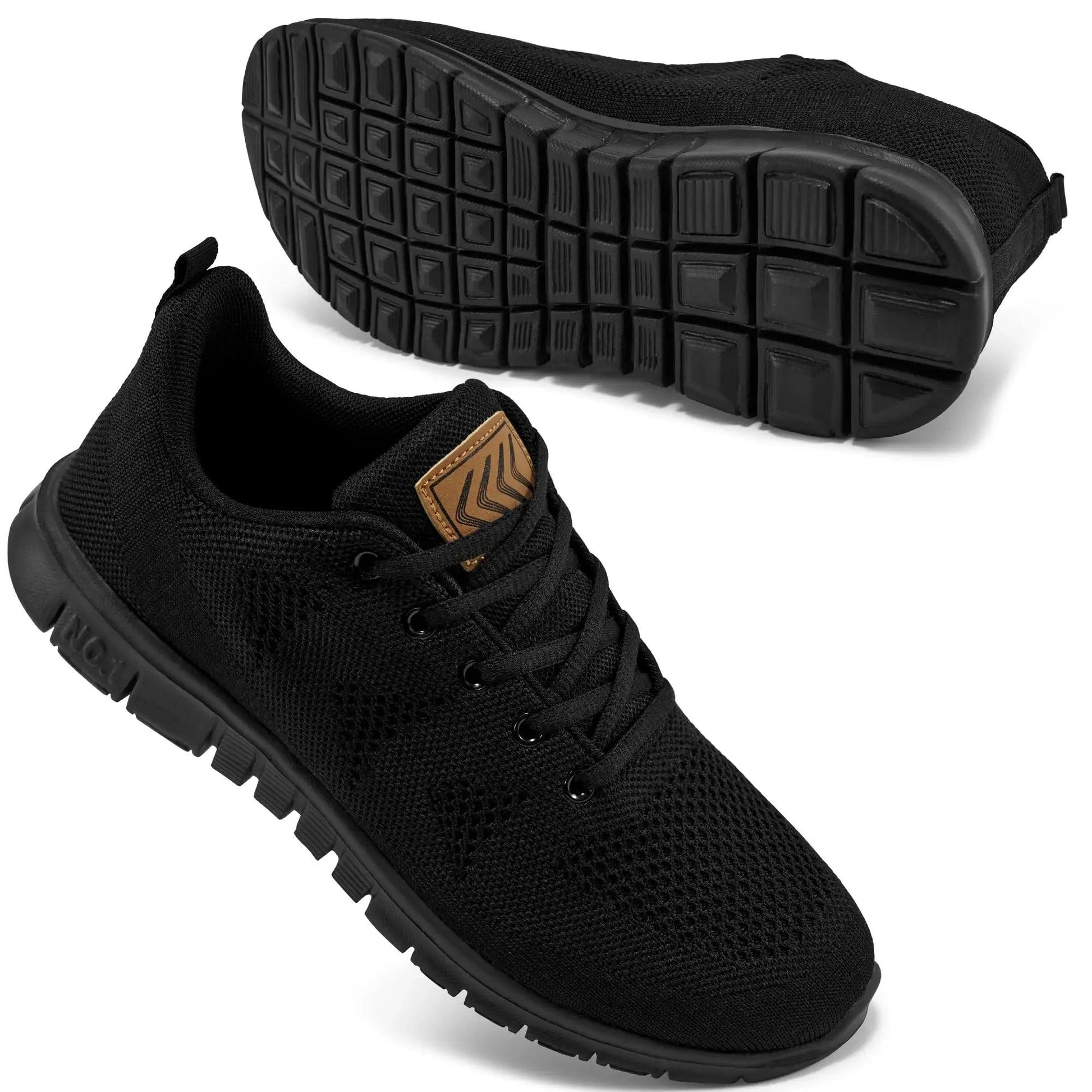 Black mesh women's athletic sneakers with tan logo, breathable design, and textured sole for comfort and grip