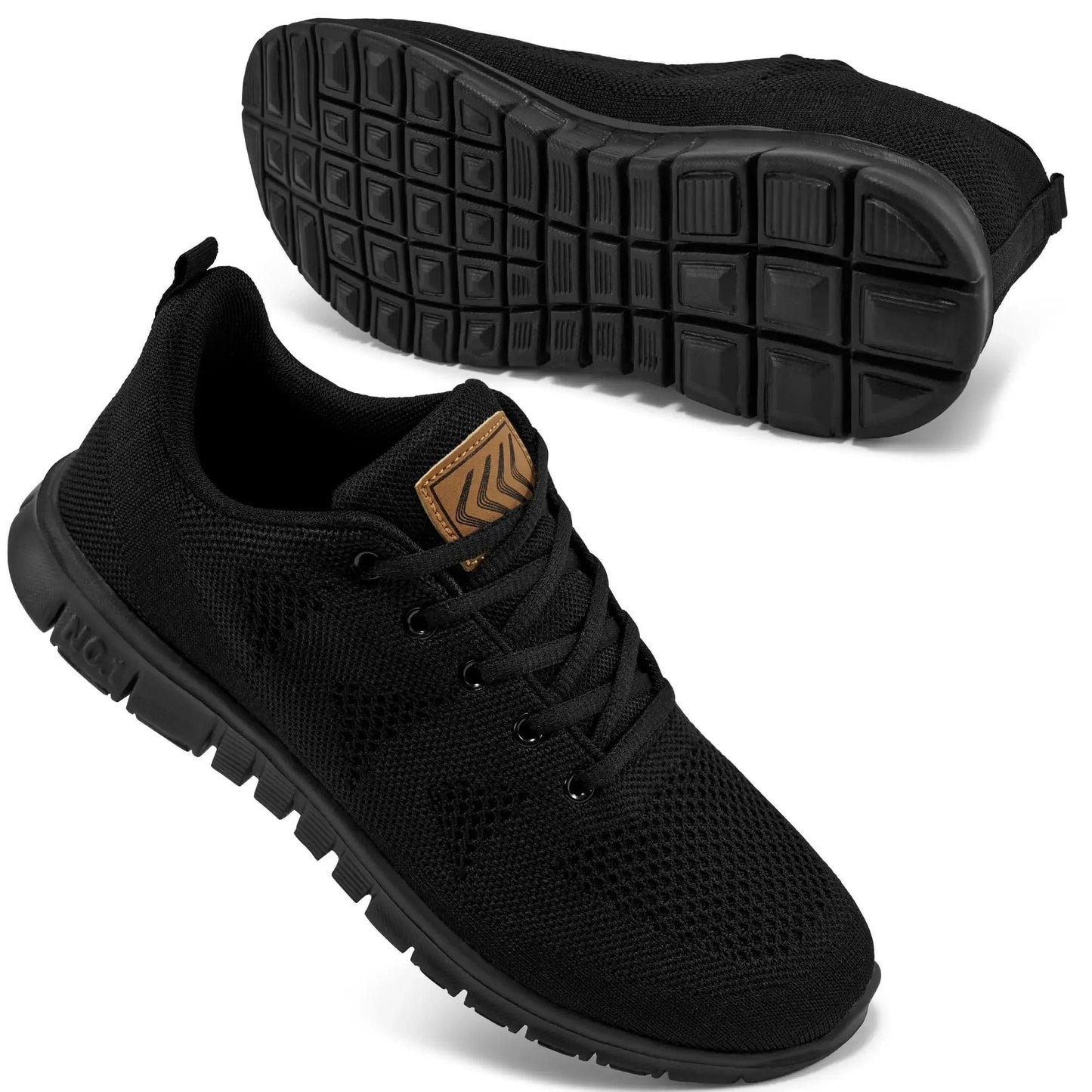 Black women's mesh sneakers with tan logo, breathable design, and textured sole for comfort and style