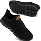 Black mesh women's sneakers with tan heel tab and textured sole for casual fashion