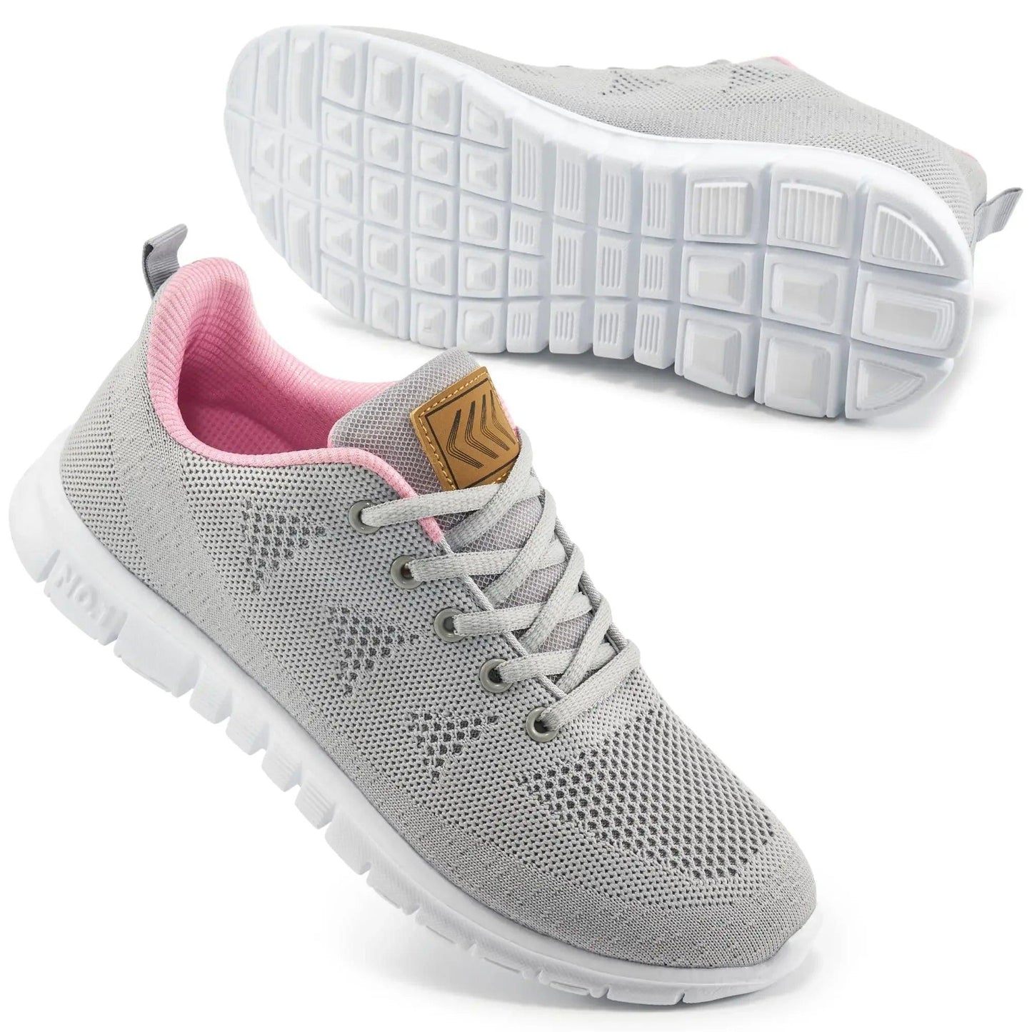 Gray women's mesh sneakers with pink lining and white sole, ideal for casual or athletic wear