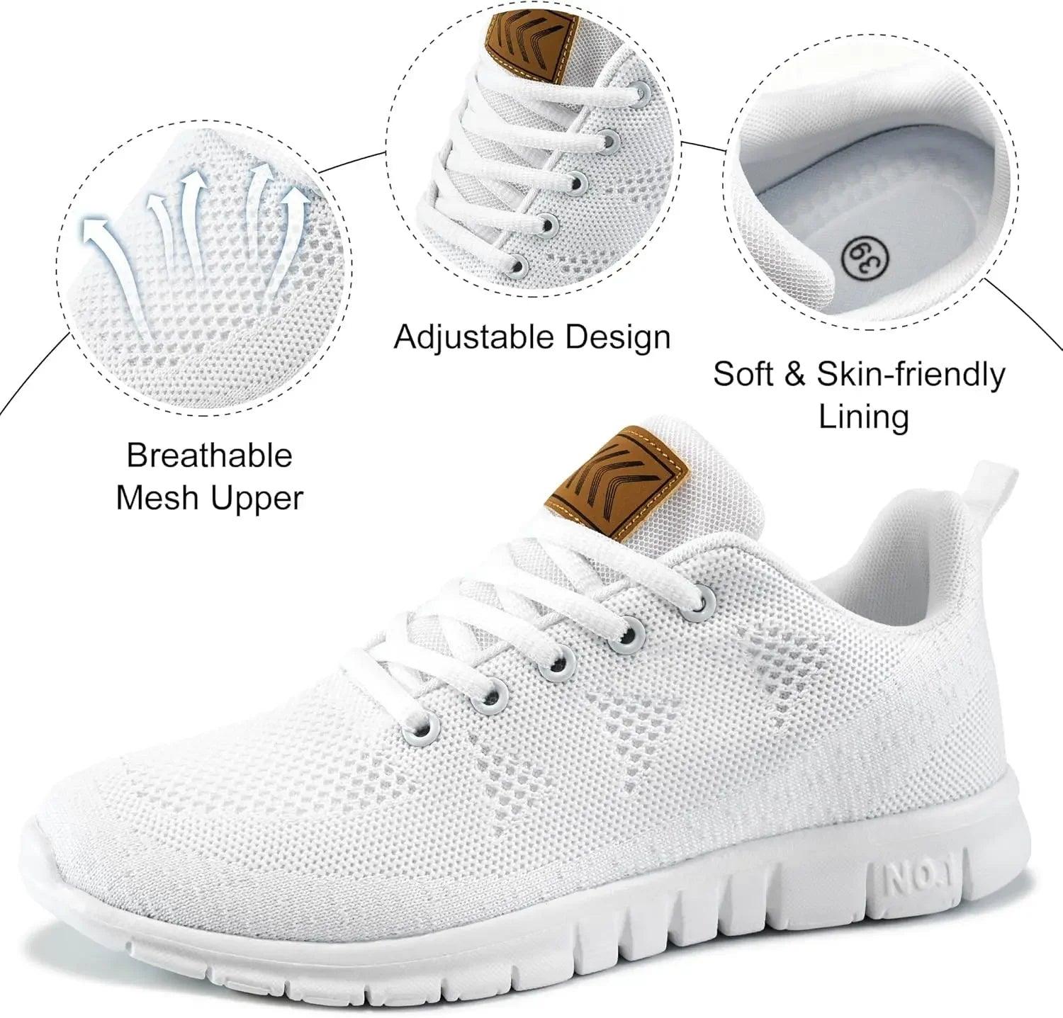 White breathable mesh women's sneaker with adjustable laces and soft lining for comfort