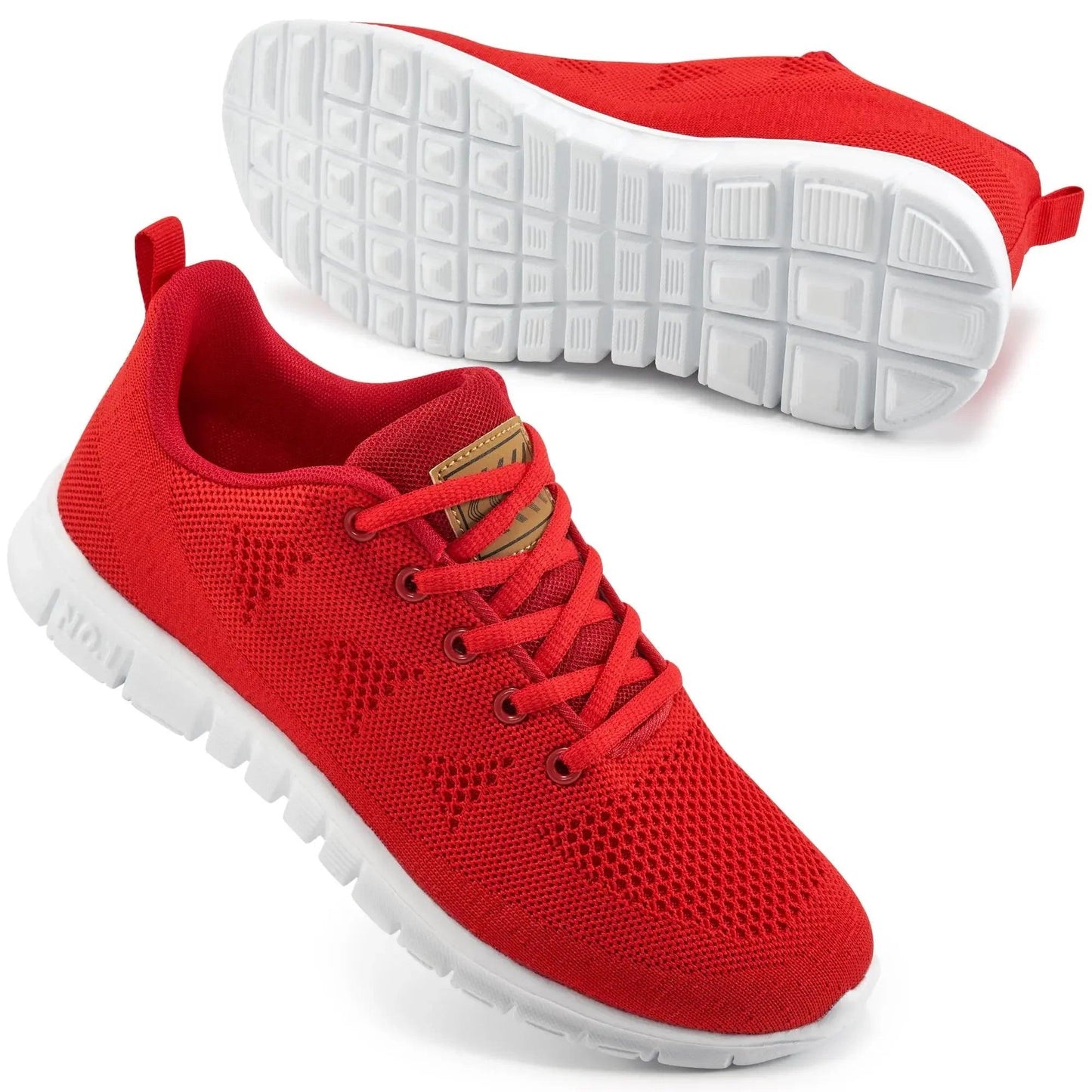 Red women's mesh sneakers with white sole, breathable design for casual or athletic wear