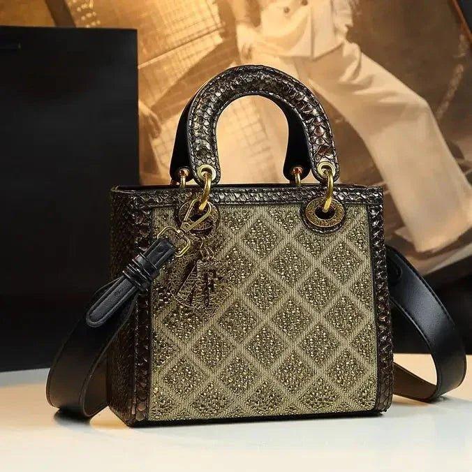 Luxury women's handbag with quilted gold pattern, black leather trim, and gold hardware for fashion styling