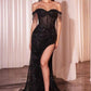 Elegant black sequin off-shoulder gown with fringe, high slit, and corset bodice for formal events