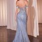Elegant off-shoulder mermaid gown with sequins and fringe, perfect for formal events and evening wear.
