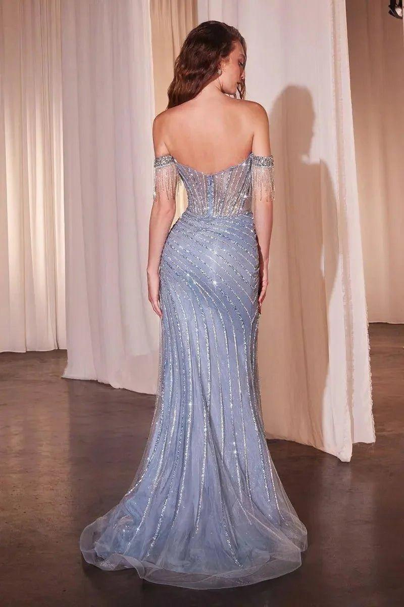 Elegant off-shoulder mermaid gown with sequins and fringe, perfect for formal events and evening wear.