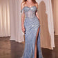 Elegant blue sequin evening gown with off-shoulder straps and high slit, perfect for formal events and fashion parties.