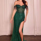 Emerald green off-shoulder sequin gown with high slit and fringe sleeves for women's formal fashion