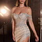 Sparkly off-shoulder evening gown with fringe and high slit, perfect for glamorous events