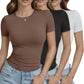 Women's fitted short sleeve tops in brown, black, white — casual fashion tees with ruched detail