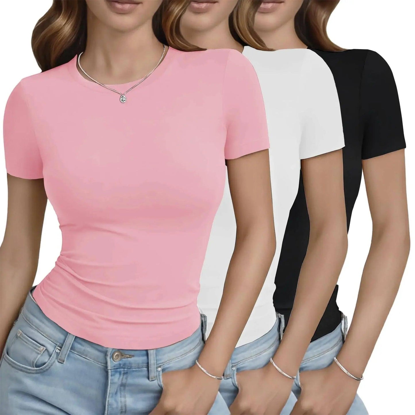 Women's fitted short sleeve tees in pink, white, black — casual fashion tops for everyday wear