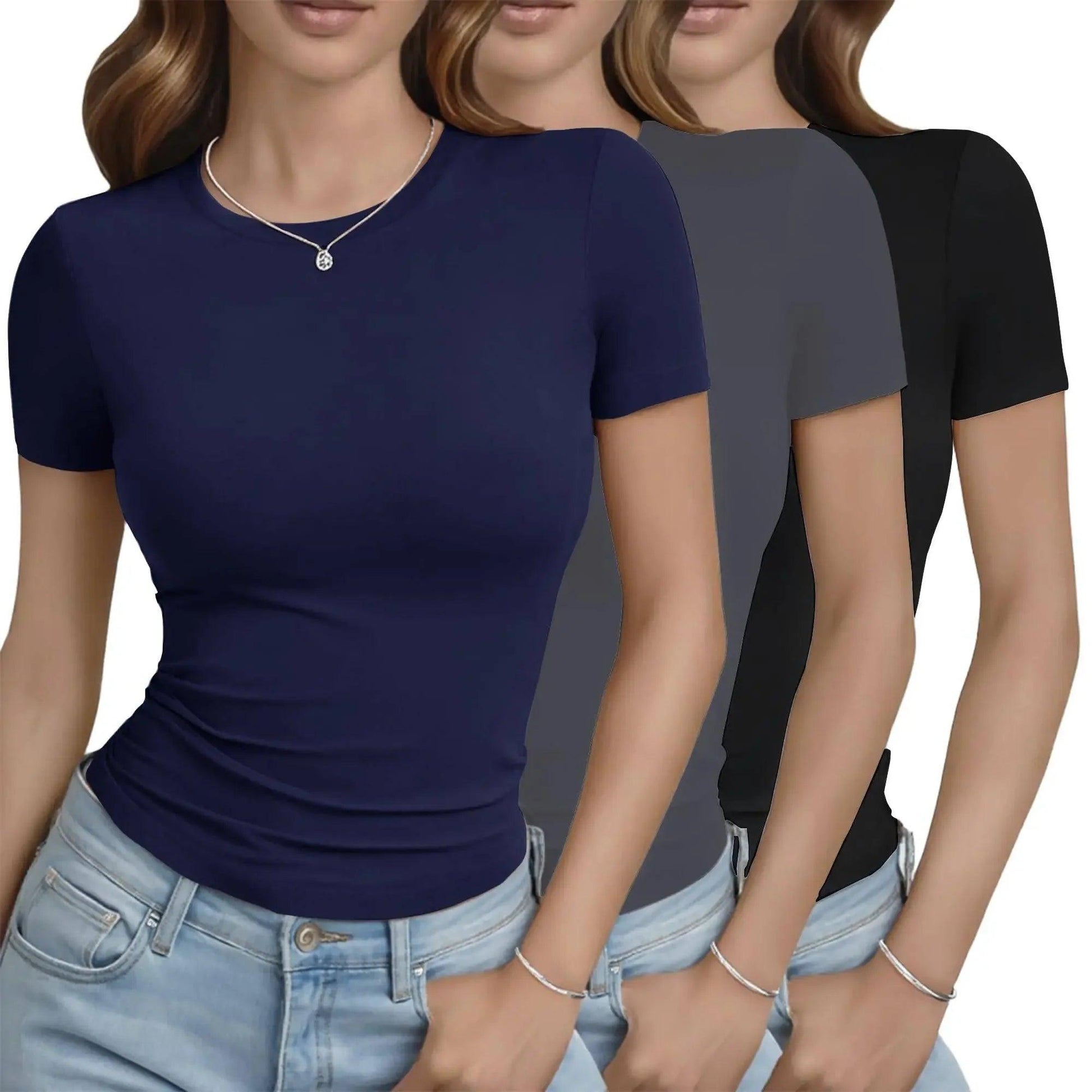 Women's fitted short sleeve t-shirts in navy, gray, black — casual fashion tops