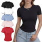 Women's fitted short sleeve t-shirts in black, white, blue, pink, red — stylish casual tops for everyday wear