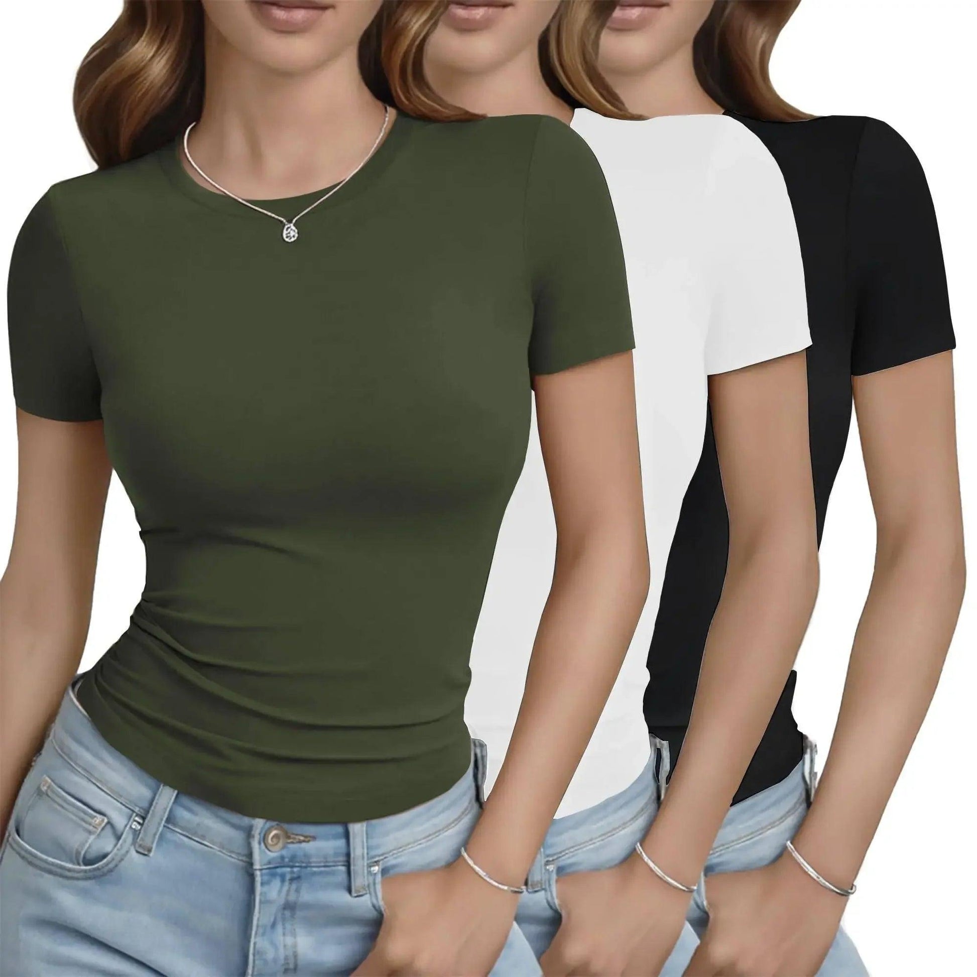 Women's fitted short sleeve t-shirts in olive, white, and black, paired with jeans for casual fashion.