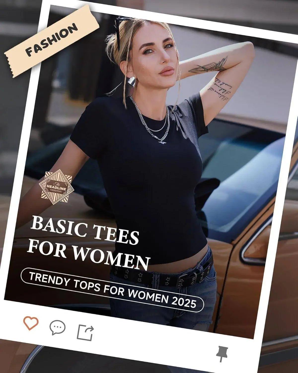 Woman modeling black basic tee, trendy top for women 2025, fashion style with jeans and accessories
