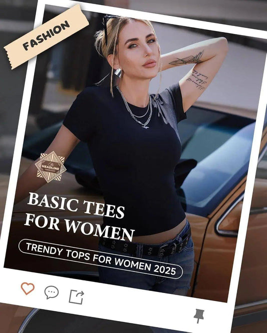 Woman modeling black basic tee, trendy top for women 2025, fashion style with jeans and accessories