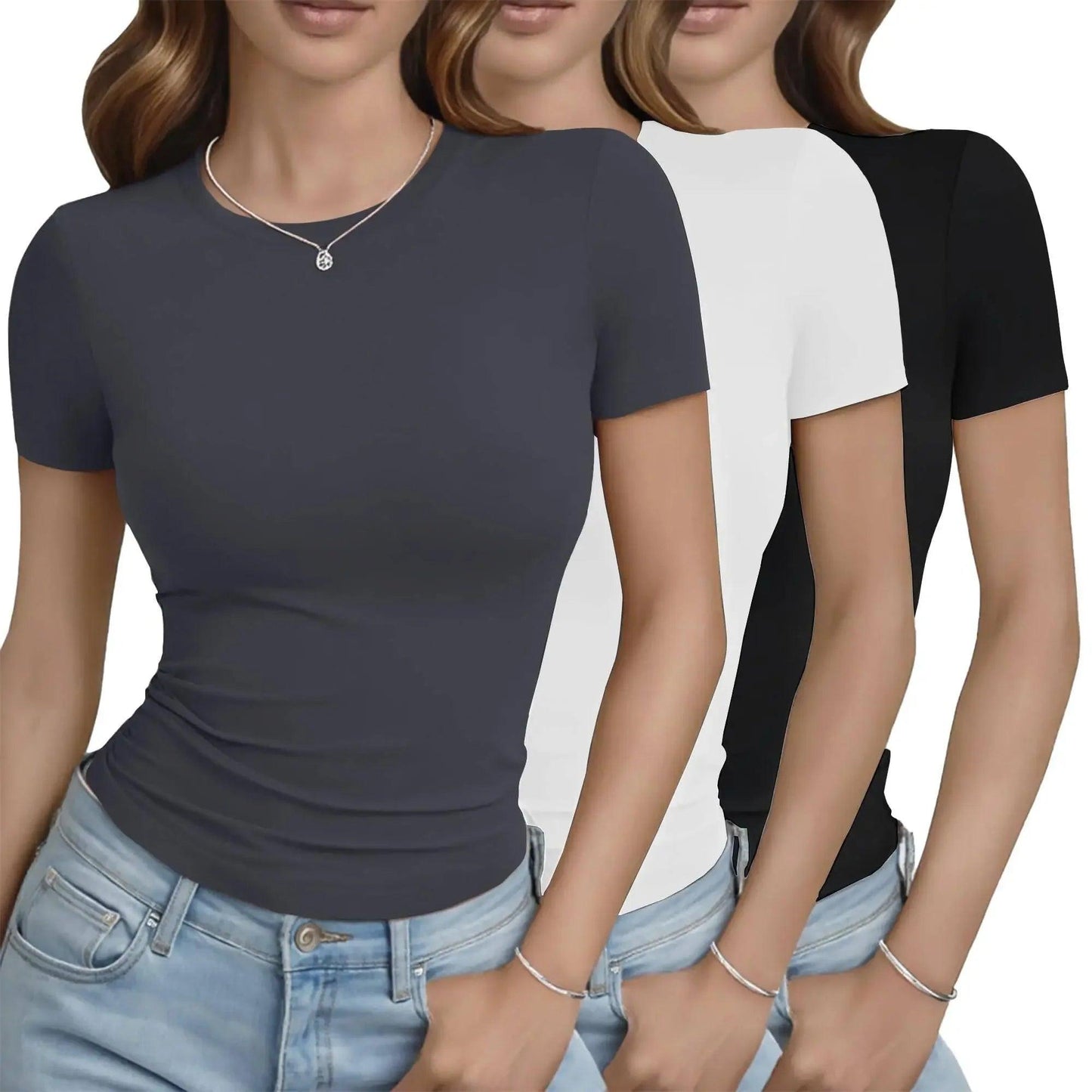 Women's basic short sleeve t-shirts in black, white, and gray, perfect for casual fashion and layering.