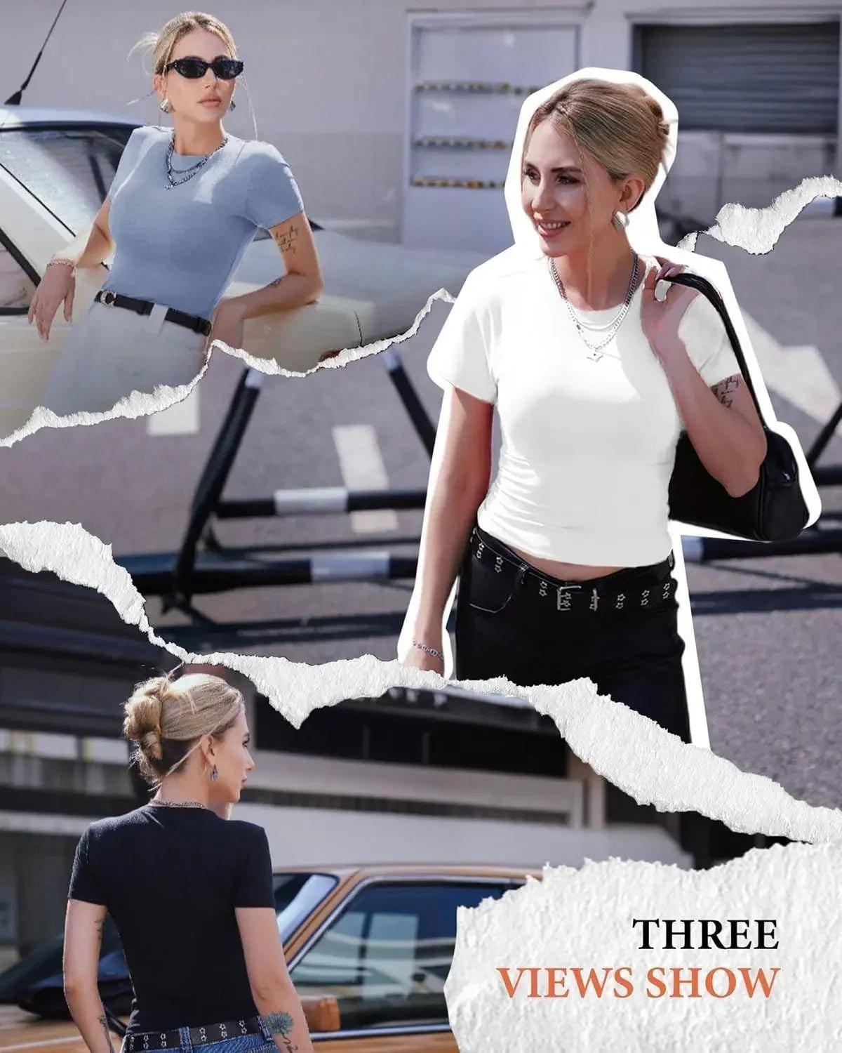 Women’s fashion tops in blue, white, black — stylish short sleeve crop tees with belts and accessories
